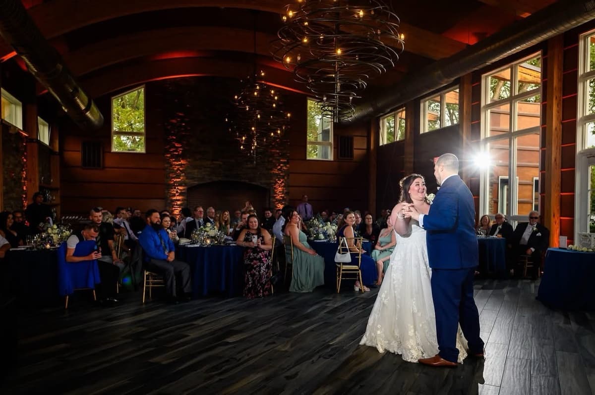 Couple sharing their first dance while wedding guests watch