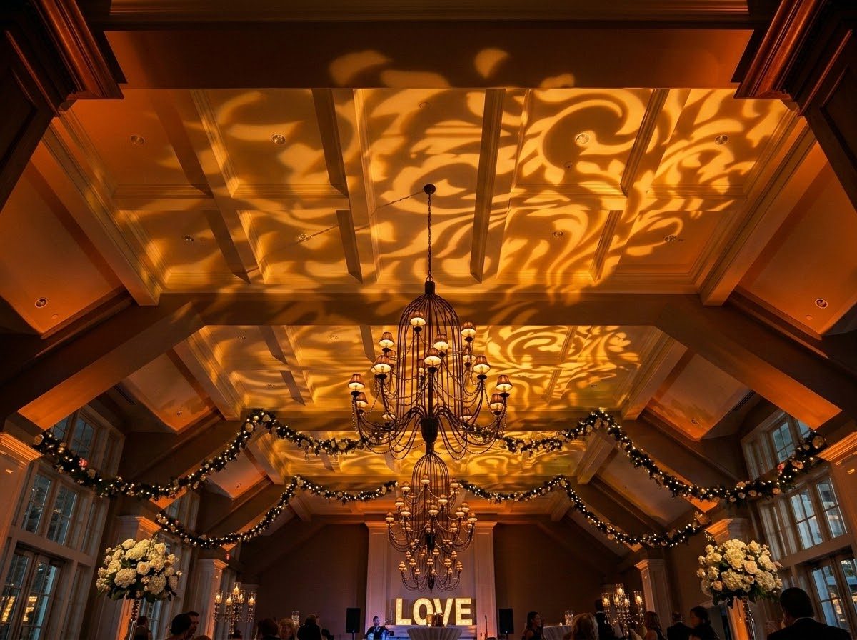 Amber ceiling wash lighting with gobo pattern projections on vaulted ceiling at a luxury NJ wedding venue