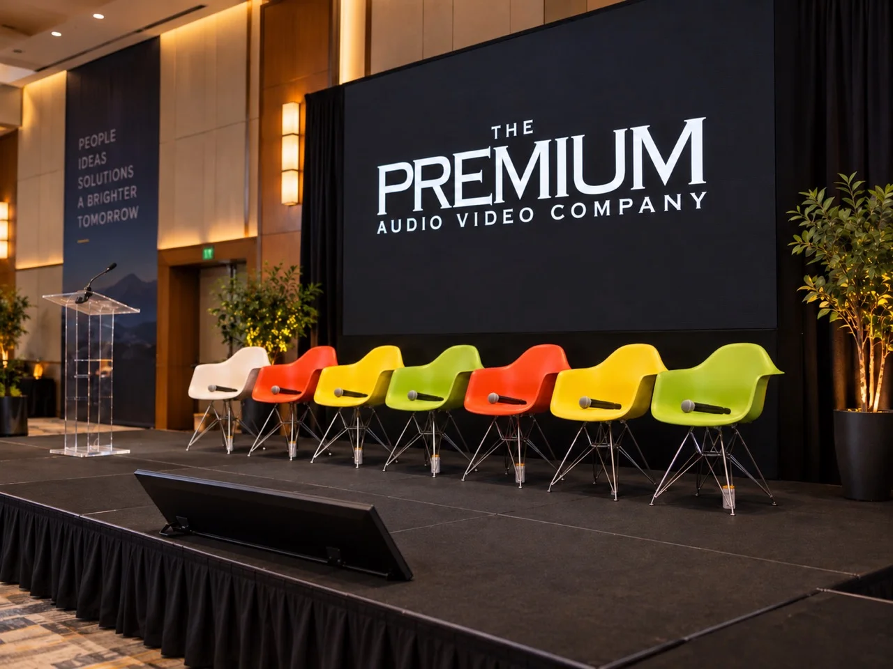 Corporate conference panel stage with wireless microphones, a clear lectern, and a Premium Audio Video Company display