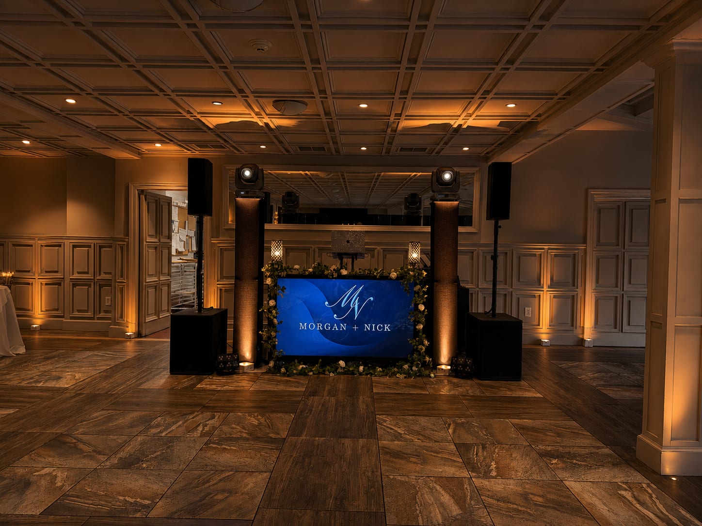 Custom Morgan + Nick monogram on the DJ facade in the Historic Ballroom at Hotel du Village