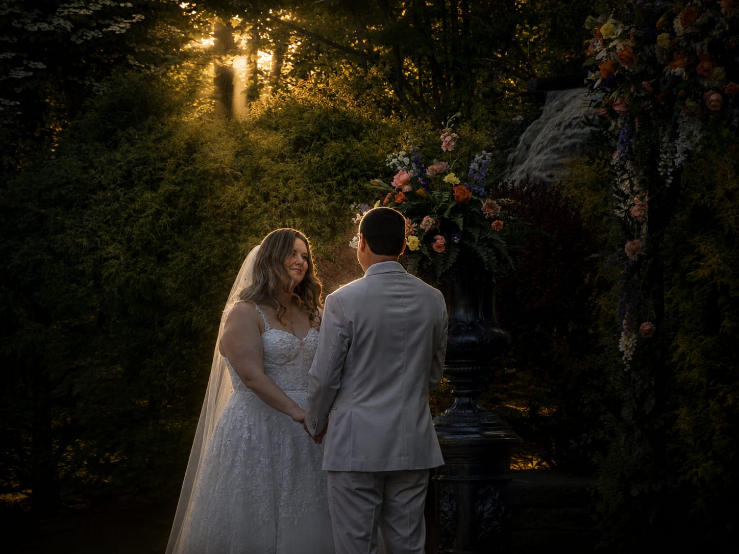 Couple during outdoor ceremony at Stroudsmoor at golden hour