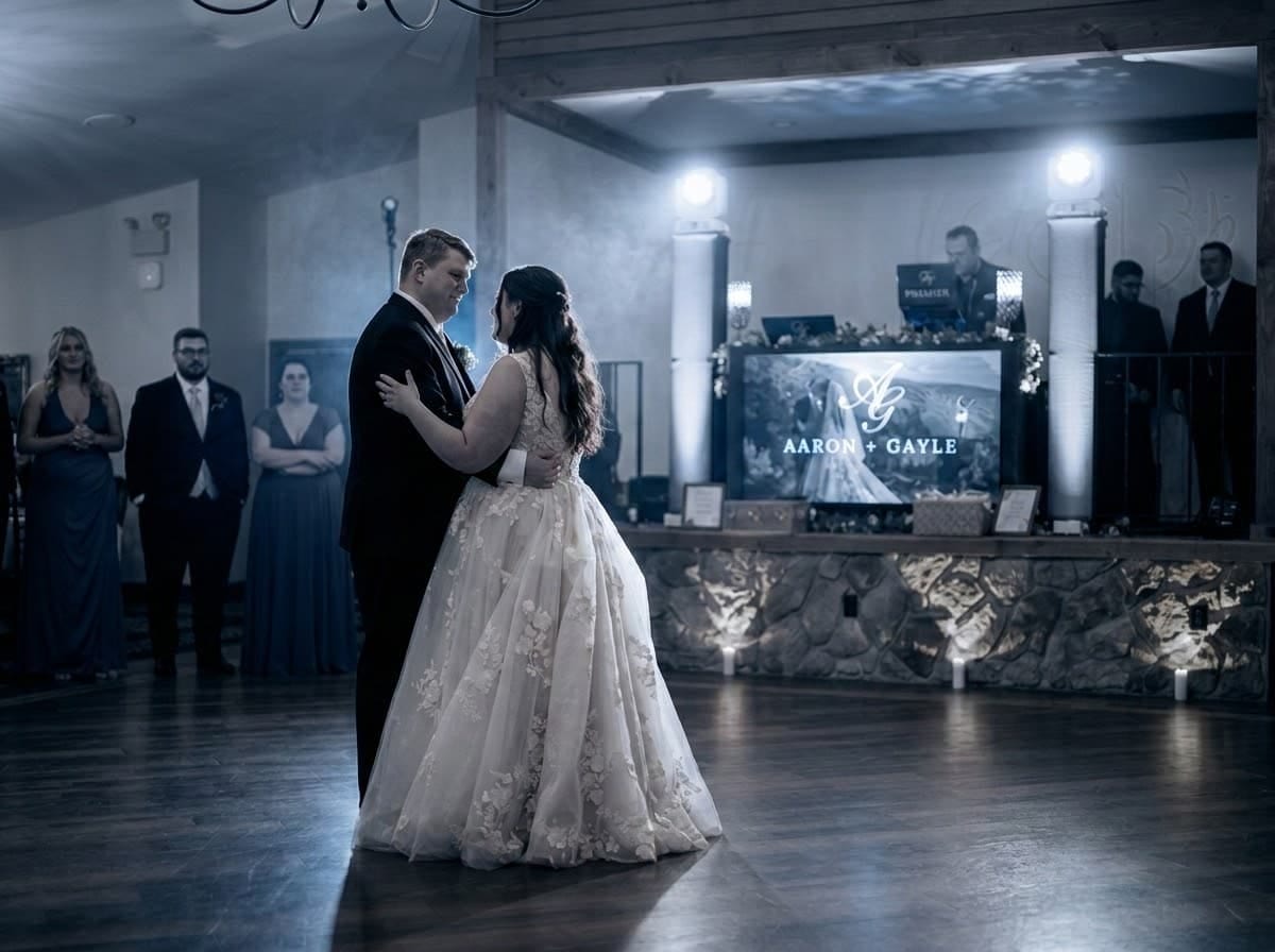 First dance with uplighting and media screens at Stroudsmoor by Wedgewood Weddings