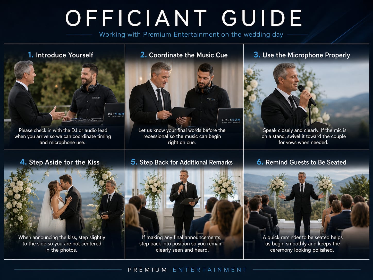 Officiant's Guide to Working with Premium Entertainment - 6 illustrated steps covering DJ introduction, music coordination, microphone use, positioning for the kiss, announcements, and guest seating