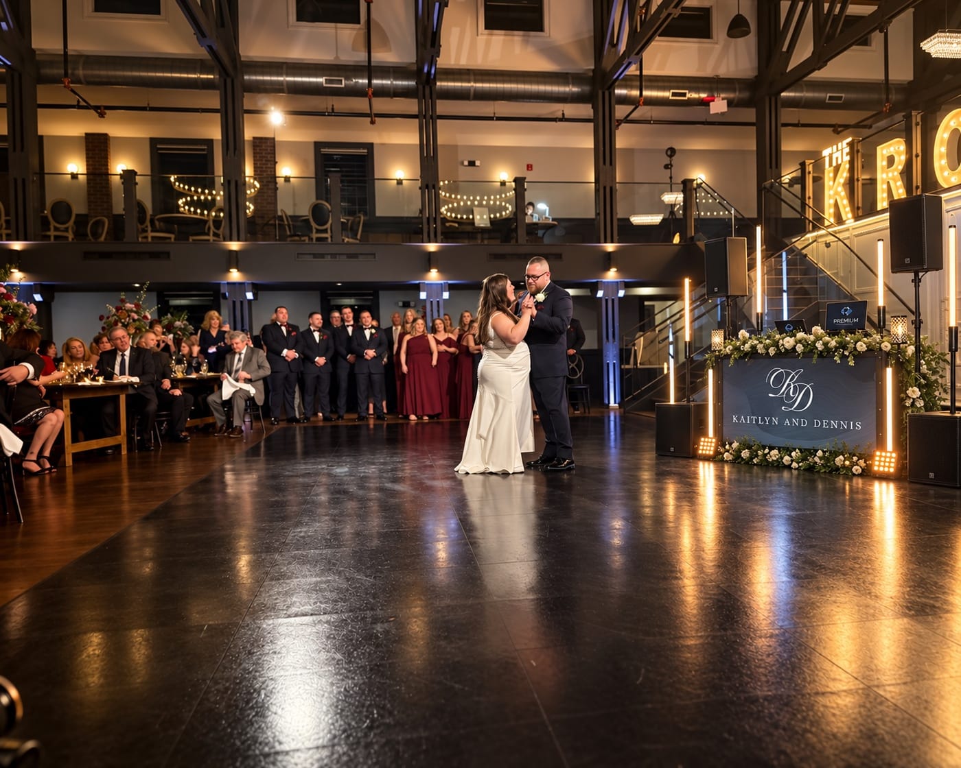 Newlyweds sharing their first dance inside Park Loft in Oceanport, New Jersey