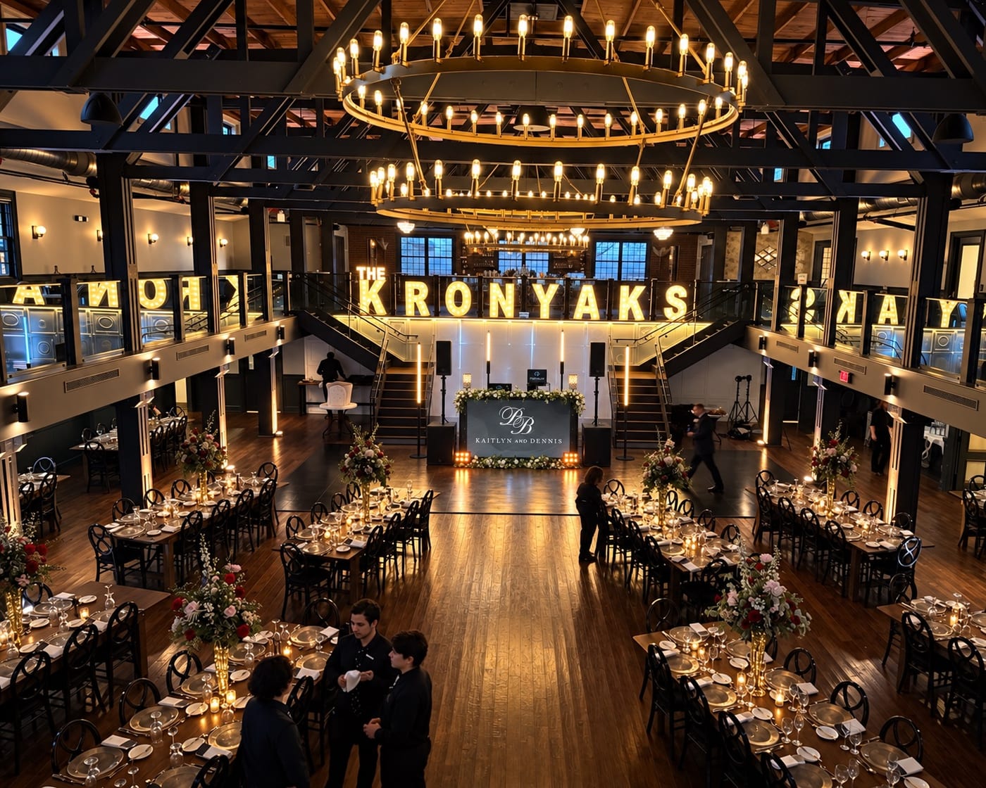 Wide elevated view of the Park Loft reception room set for a wedding