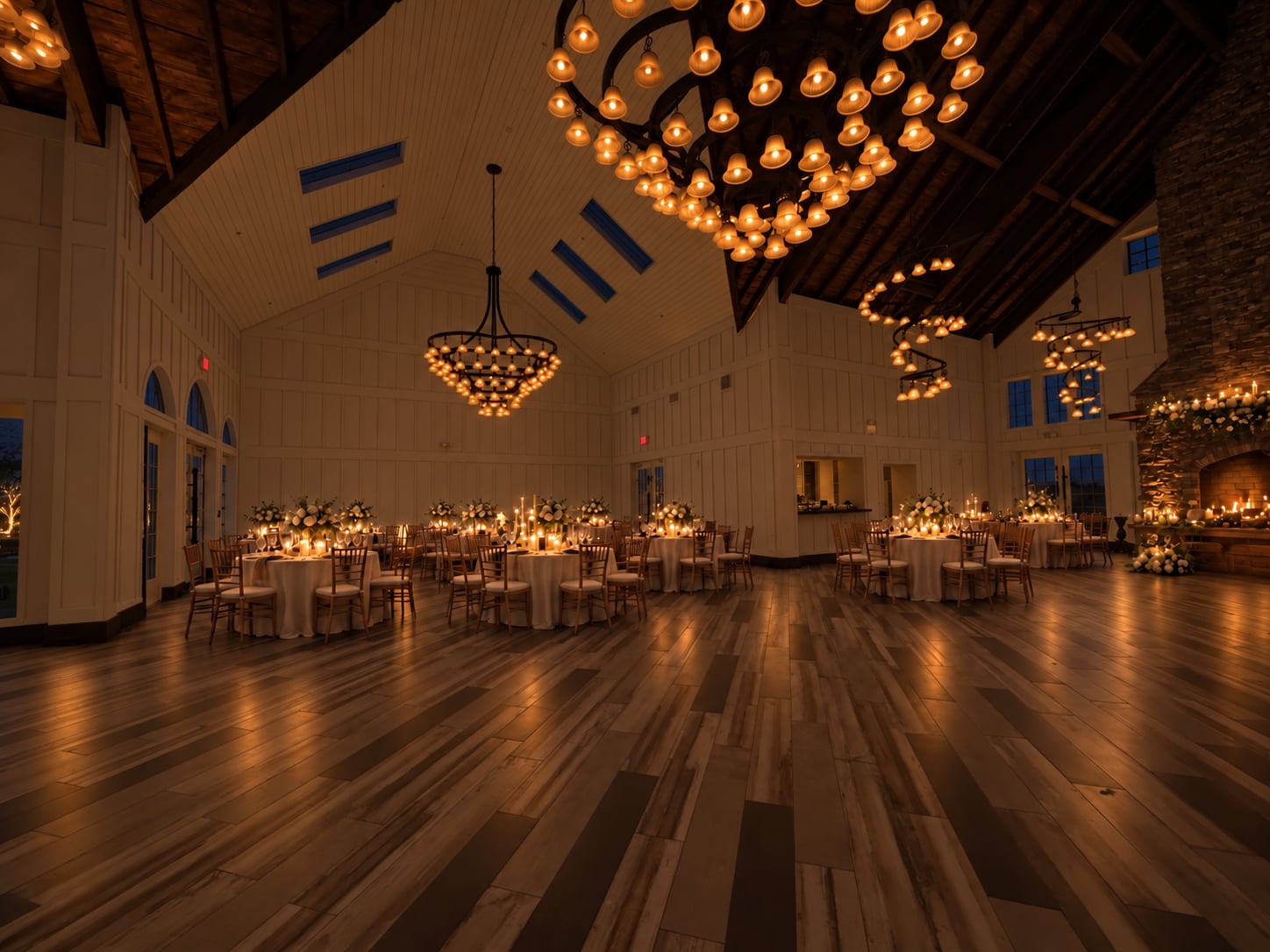 The Coach House at The Ryland Inn reception room without uplighting, illuminated by chandeliers, candlelight, and the stone fireplace
