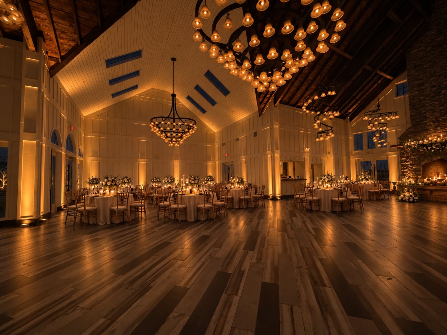 The Coach House at The Ryland Inn reception room with warm amber uplighting accenting the paneled walls and timber ceiling