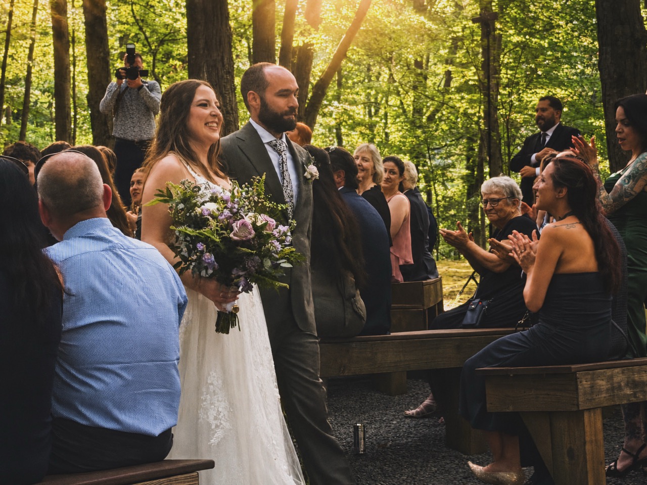 Wedding ceremony recessional at Woodsgate at Stroudsmoor by Wedgewood Weddings
